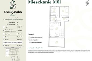Rzut - Mieszkanie na sprzedaż 3 pokoje o powierzchni 60,57 m² - numer 1 w Łomżyńska Skwer