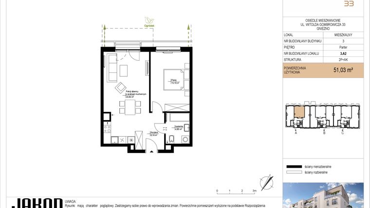 Rzut - Mieszkanie na sprzedaż 2 pokoje o powierzchni 51,03 m² - numer 3.A2 w Gombrowicza 33 - etap II