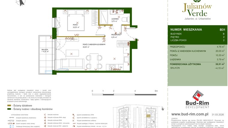 Rzut - Mieszkanie na sprzedaż 2 pokoje o powierzchni 38,91 m² - numer 31 w Julianów Verde II