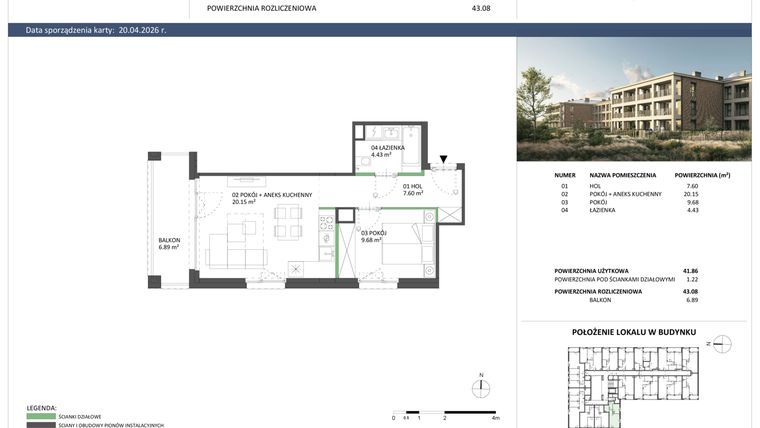Rzut - Mieszkanie na sprzedaż 2 pokoje o powierzchni 41,86 m² - numer B-45 w Hillence etap 2