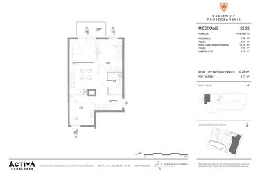 Rzut - Mieszkanie na sprzedaż 3 pokoje o powierzchni 50,28 m² - numer B2.20 w Kamienice Pruszczańskie