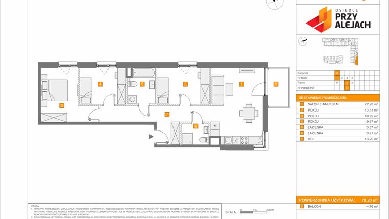 Rzut - Mieszkanie na sprzedaż 4 pokoje o powierzchni 78,23 m² - numer 3.1.D.13 w Osiedle przy Alejach etap 3