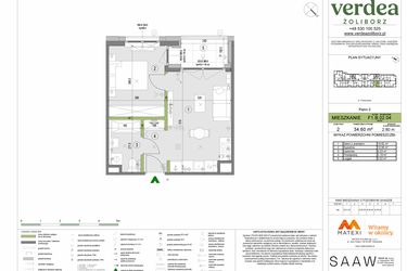 Rzut - Mieszkanie na sprzedaż 2 pokoje o powierzchni 34,6 m² - numer F1.B.02.04 w Verdea Żoliborz