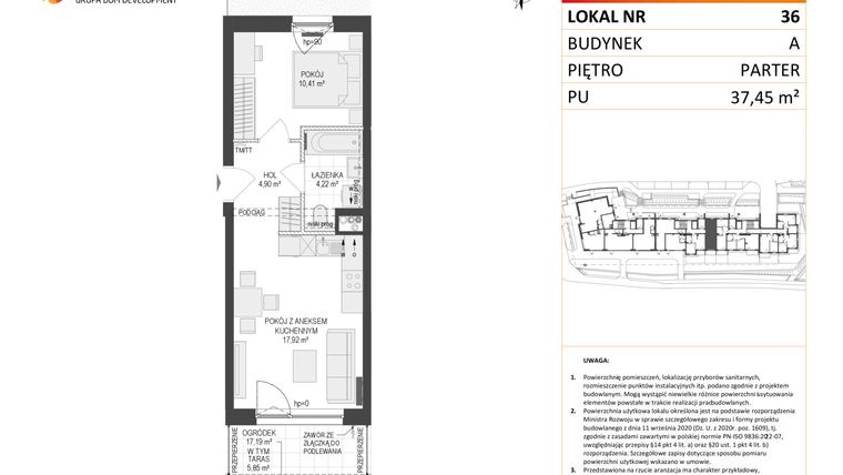 Rzut - Mieszkanie na sprzedaż 2 pokoje o powierzchni 37,45 m² - numer A36 w Osiedle Warszawska etap IV