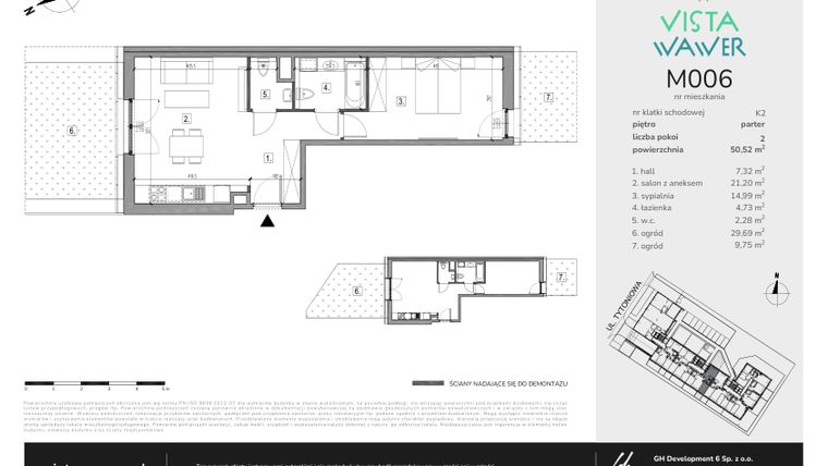 Rzut - Mieszkanie na sprzedaż 2 pokoje o powierzchni 50,52 m² - numer M006 w Vista Wawer