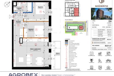 Rzut - Mieszkanie na sprzedaż 3 pokoje o powierzchni 59,51 m² - numer C.4 w Osiedle Moderno