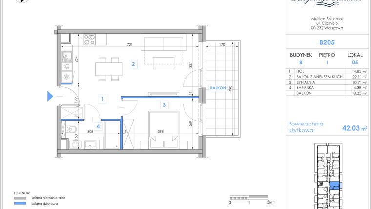 Rzut - Mieszkanie na sprzedaż 2 pokoje o powierzchni 41,8 m² - numer B205 w Rezydencja Niechorze II