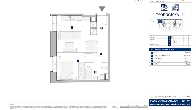 Rzut - Mieszkanie na sprzedaż 2 pokoje o powierzchni 37,04 m² - numer A.2 w Osobowicka 114