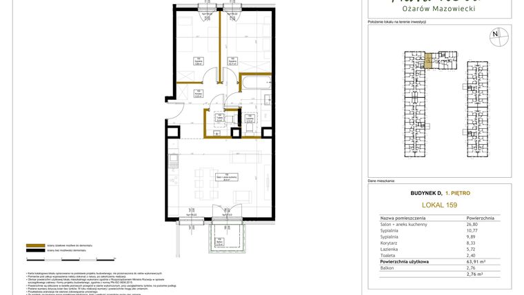 Rzut - Mieszkanie na sprzedaż 3 pokoje o powierzchni 63,91 m² - numer 159 w Aura Nova etap II