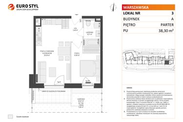 Rzut - Mieszkanie na sprzedaż 2 pokoje o powierzchni 38,3 m² - numer A3 w Osiedle Warszawska etap IV