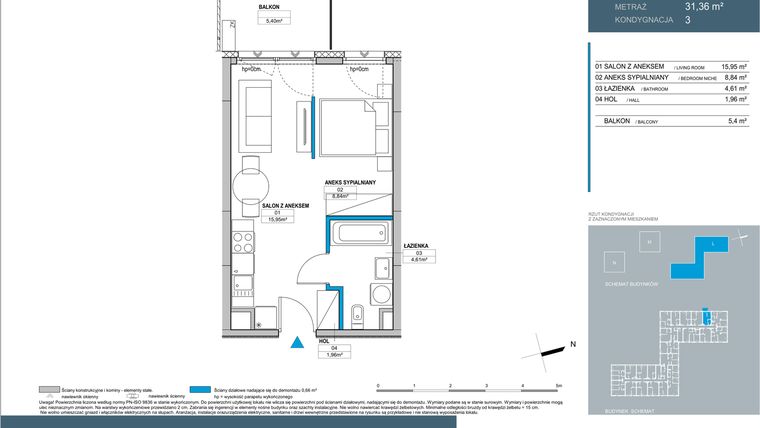 Rzut - Mieszkanie na sprzedaż 1 pokój o powierzchni 31,36 m² - numer L2.3.07 w Nordic Bemowo - etap III