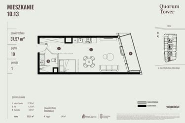Rzut - Mieszkanie na sprzedaż 1 pokój o powierzchni 37,57 m² - numer 10.13 w Quorum Tower