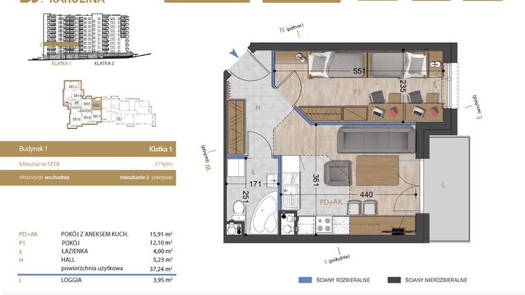 Rzut - Mieszkanie na sprzedaż 2 pokoje o powierzchni 37,24 m² - numer 16 w Osiedle Dakar Karolina