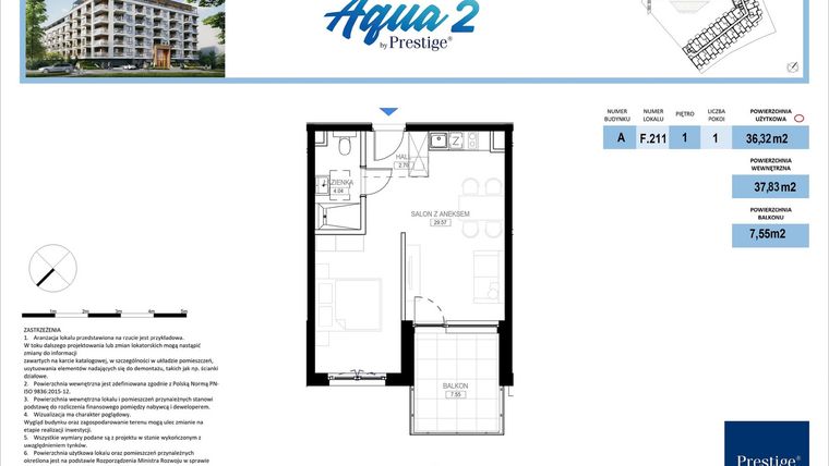 Rzut - Mieszkanie na sprzedaż 1 pokój o powierzchni 36,32 m² - numer F.211 w Bel Mare (Międzyzdroje)