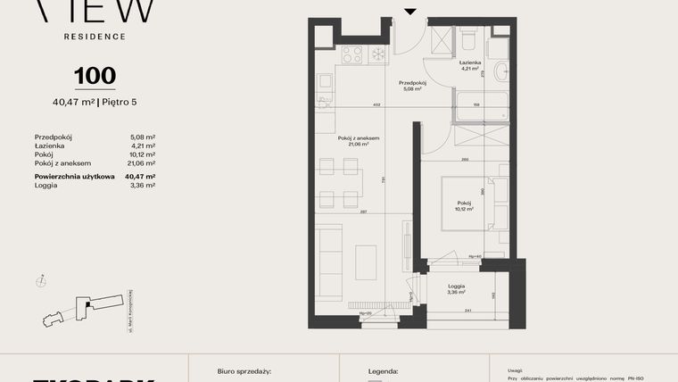 Rzut - Mieszkanie na sprzedaż 2 pokoje o powierzchni 40,47 m² - numer 100 w The View