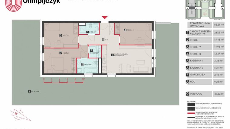 Rzut - Mieszkanie na sprzedaż 4 pokoje o powierzchni 85,52 m² - numer D1 w Osiedle Olimpijczyk II etap