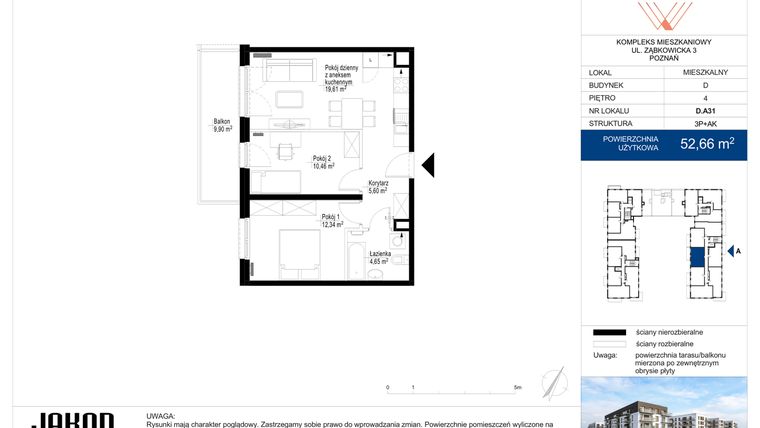 Rzut - Mieszkanie na sprzedaż 3 pokoje o powierzchni 52,66 m² - numer D.A31 w Wieruszowska D