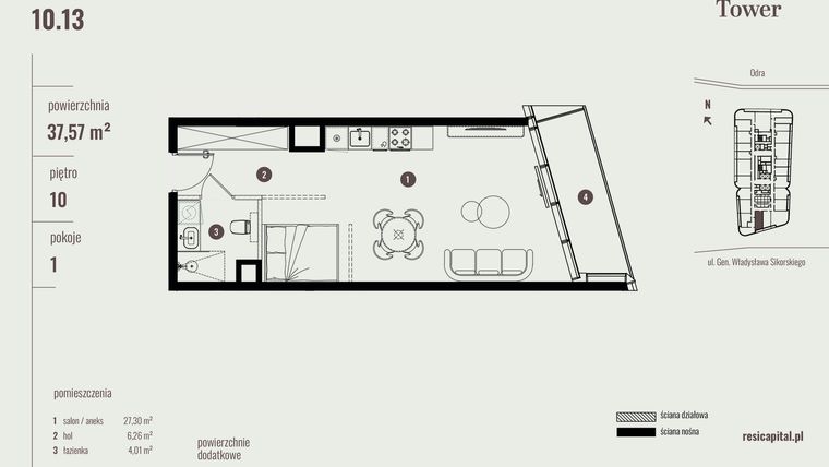 Rzut - Mieszkanie na sprzedaż 1 pokój o powierzchni 37,57 m² - numer 10.13 w Quorum Tower