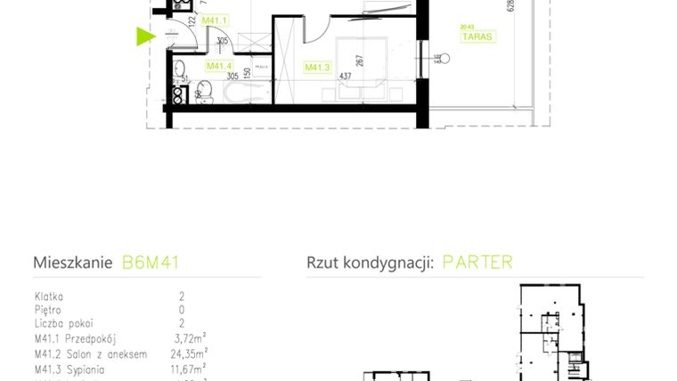 Rzut - Mieszkanie na sprzedaż 2 pokoje o powierzchni 44,02 m² - numer B6M41 w Osiedle Natura Park etap II