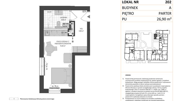 Rzut - Mieszkanie na sprzedaż 1 pokój o powierzchni 26,9 m² - numer A.202 w Esencja - Apartamenty inwestycyjne