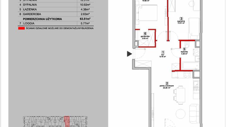 Rzut - Mieszkanie na sprzedaż 3 pokoje o powierzchni 63,51 m² - numer P9.03.3.80 w Osiedle Poematu II