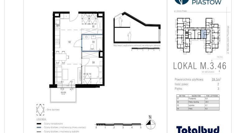 Rzut - Mieszkanie na sprzedaż 2 pokoje o powierzchni 39,93 m² - numer M.3.46 w Viva Piastów
