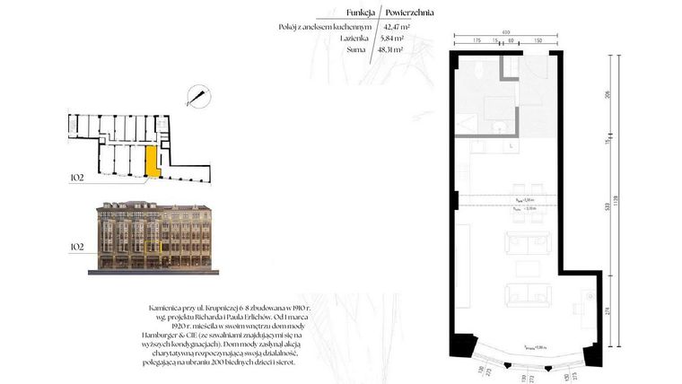Rzut - Mieszkanie na sprzedaż 1 pokój o powierzchni 48,31 m² - numer G1/2 – 102 w Krupnicza 6/8