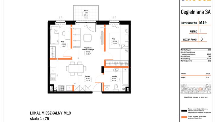 Rzut - Mieszkanie na sprzedaż 3 pokoje o powierzchni 54,26 m² - numer 19 w Osiedle StaLove etap II