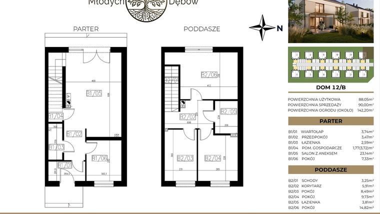 Rzut - Dom na sprzedaż 4 pokoje o powierzchni 90 m² - numer 12B w Osiedle Młodych Dębów