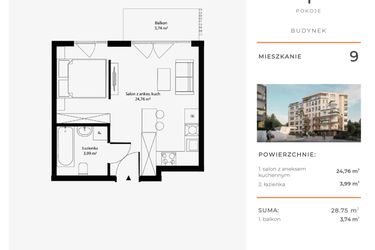 Rzut - Mieszkanie na sprzedaż 1 pokój o powierzchni 28,75 m² - numer 9 w Bytkowska 4.0