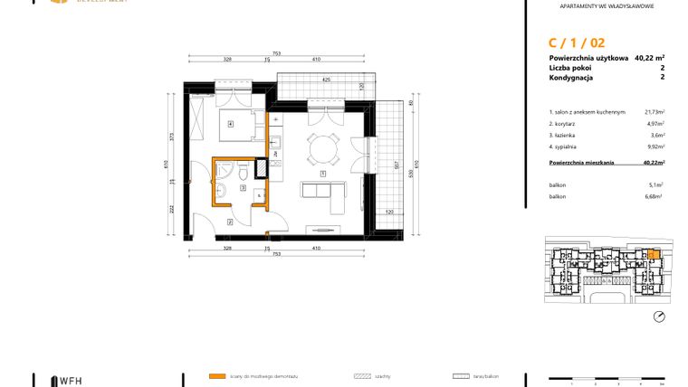Rzut - Mieszkanie na sprzedaż 2 pokoje o powierzchni 40,22 m² - numer C.1.02 w SPOT