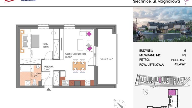 Rzut - Mieszkanie na sprzedaż 2 pokoje o powierzchni 43,76 m² - numer Bud.6-9 w Willa Magnolia