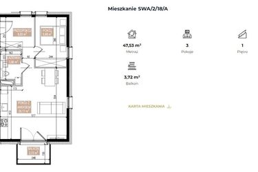 Rzut - Mieszkanie na sprzedaż 2 pokoje o powierzchni 47,53 m² - numer SWA/2/18/A w Apartamenty Świeradowska