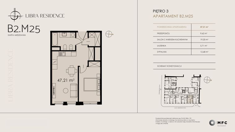 Rzut - Mieszkanie na sprzedaż 2 pokoje o powierzchni 47,21 m² - numer B2.M25 w Libra Residence