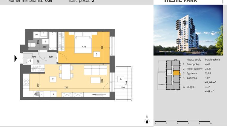 Rzut - Mieszkanie na sprzedaż 2 pokoje o powierzchni 44,46 m² - numer 9 w Dworzysko Park - Etap III