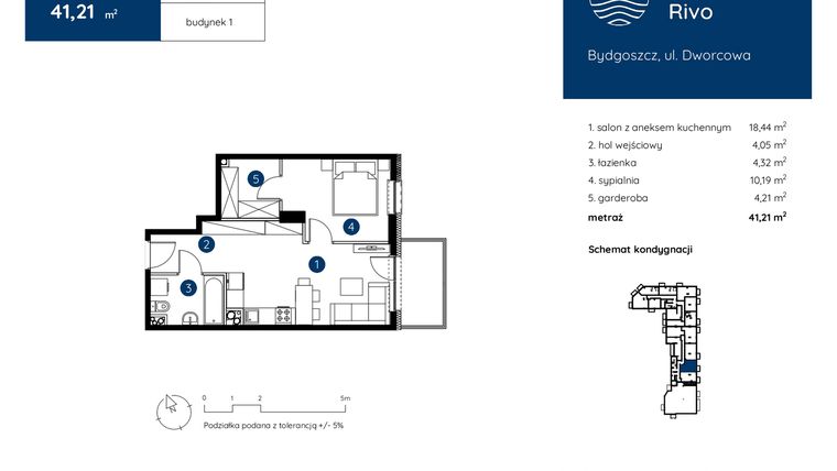 Rzut - Mieszkanie na sprzedaż 2 pokoje o powierzchni 41,21 m² - numer 1.B.6.05 w Murapol Rivo
