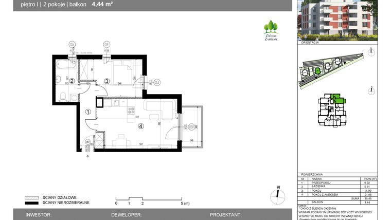 Rzut - Mieszkanie na sprzedaż 2 pokoje o powierzchni 46,48 m² - numer 14G.33 w Zielone Zamienie X