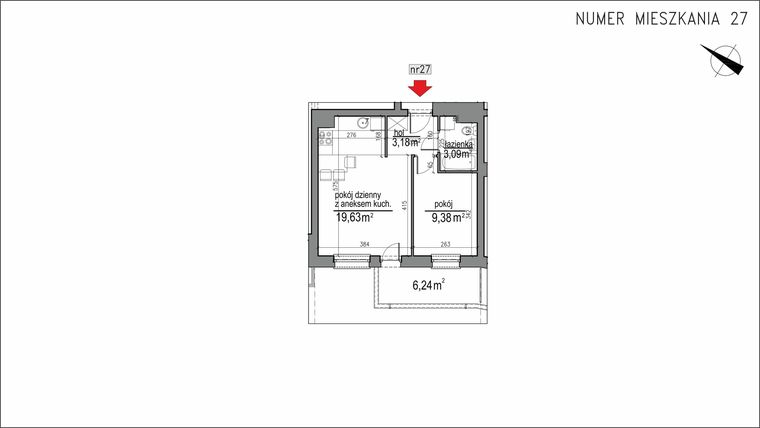 Rzut - Mieszkanie na sprzedaż 2 pokoje o powierzchni 35,28 m² - numer 3m.27 w Osiedle Rytm etap 2