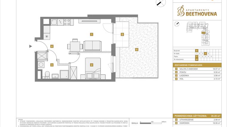 Rzut - Mieszkanie na sprzedaż 2 pokoje o powierzchni 35,28 m² - numer B69 w Apartamenty Beethovena