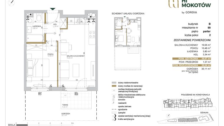 Rzut - Mieszkanie na sprzedaż 2 pokoje o powierzchni 36,67 m² - numer A1.B.99 w Hi Mokotów