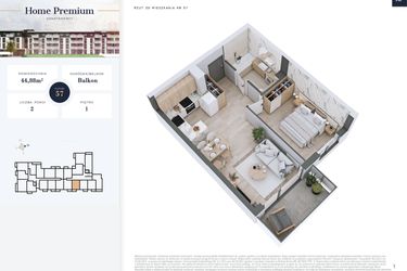 Rzut - Mieszkanie na sprzedaż 2 pokoje o powierzchni 44,88 m² - numer 57 w Apartamenty Home Premium etap 2