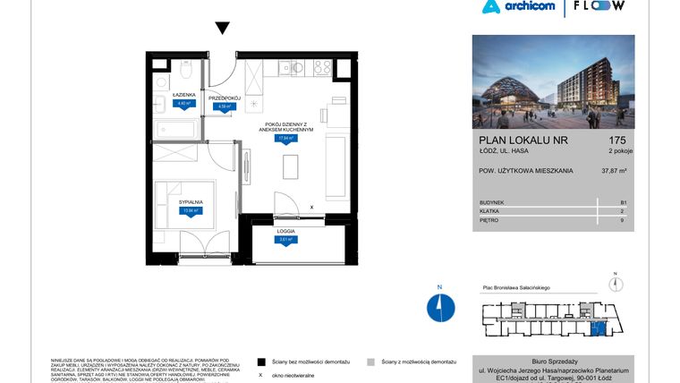 Rzut - Mieszkanie na sprzedaż 2 pokoje o powierzchni 37,87 m² - numer 175 w Flow