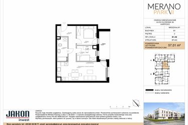 Rzut - Mieszkanie na sprzedaż 3 pokoje o powierzchni 57,01 m² - numer B1.A8 w Merano Park II