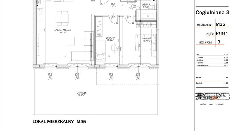 Rzut - Mieszkanie na sprzedaż 3 pokoje o powierzchni 71,49 m² - numer 35 w Osiedle StaLove etap I