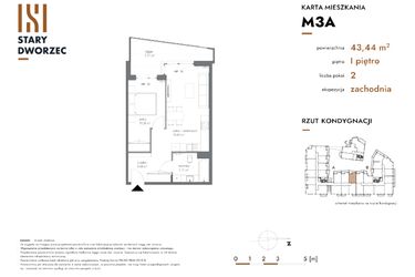 Rzut - Mieszkanie na sprzedaż 2 pokoje o powierzchni 43,44 m² - numer M 3A w Stary Dworzec