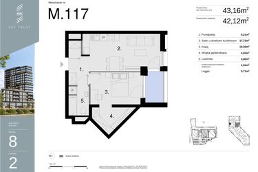 Rzut - Mieszkanie na sprzedaż 2 pokoje o powierzchni 43,16 m² - numer M117 w Sky Trust etap II