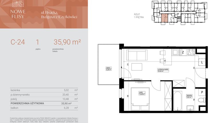Rzut - Mieszkanie na sprzedaż 2 pokoje o powierzchni 35,9 m² - numer M24_NF.c w Nowe Flisy II