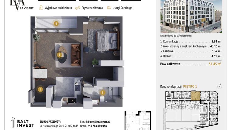 Rzut - Mieszkanie na sprzedaż 1 pokój o powierzchni 51,45 m² - numer M1.3 w La Vie Art
