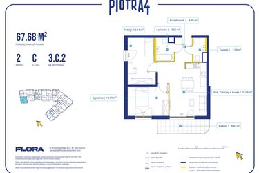 Rzut - Mieszkanie na sprzedaż 3 pokoje o powierzchni 67,68 m² - numer 3.C.2 w Piotra 4
