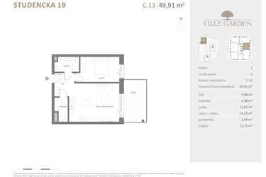 Rzut - Mieszkanie na sprzedaż 2 pokoje o powierzchni 49,91 m² - numer C.13 w Ville Garden